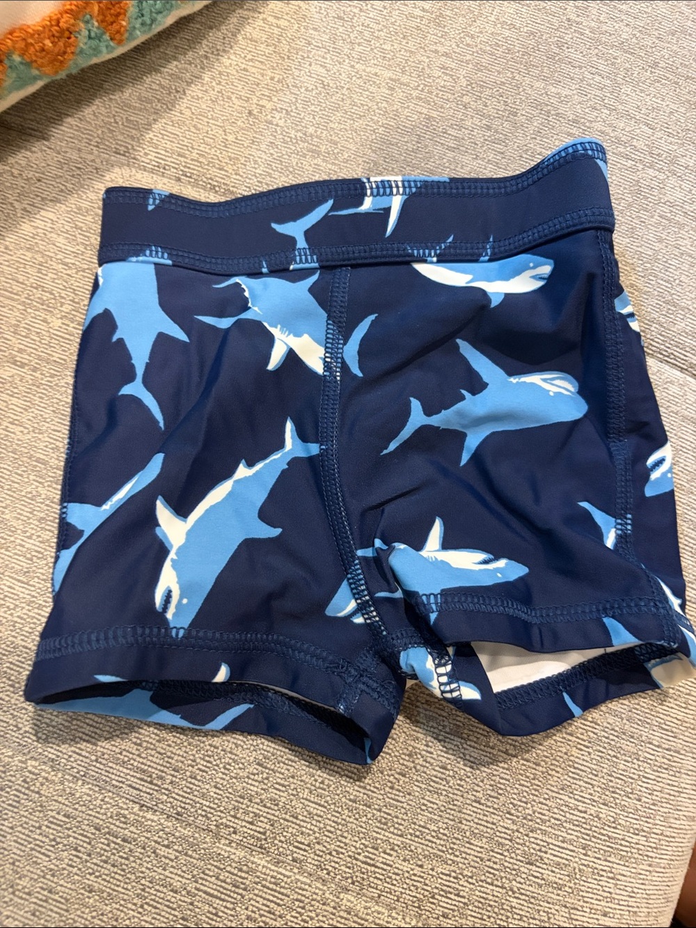 Hanna Andersson Navy Blue Swim Trunks with Light Blue Shark Print